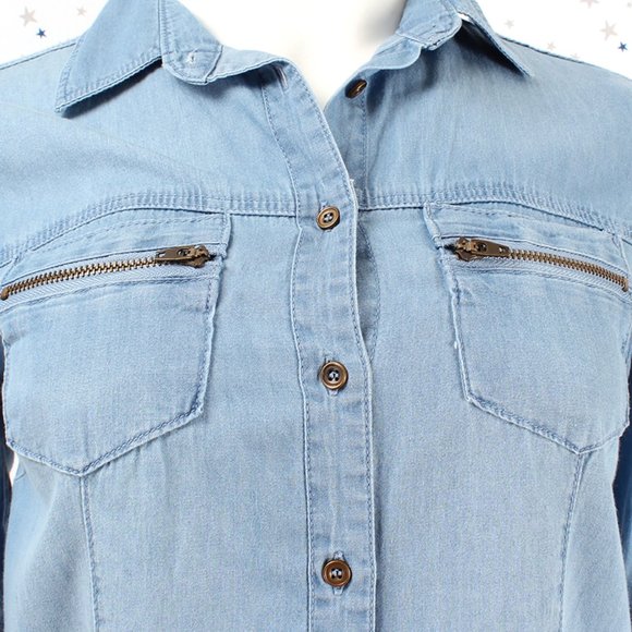 Chambray Denim Shirt Button Up Light Blue - Picture 3 of 7
